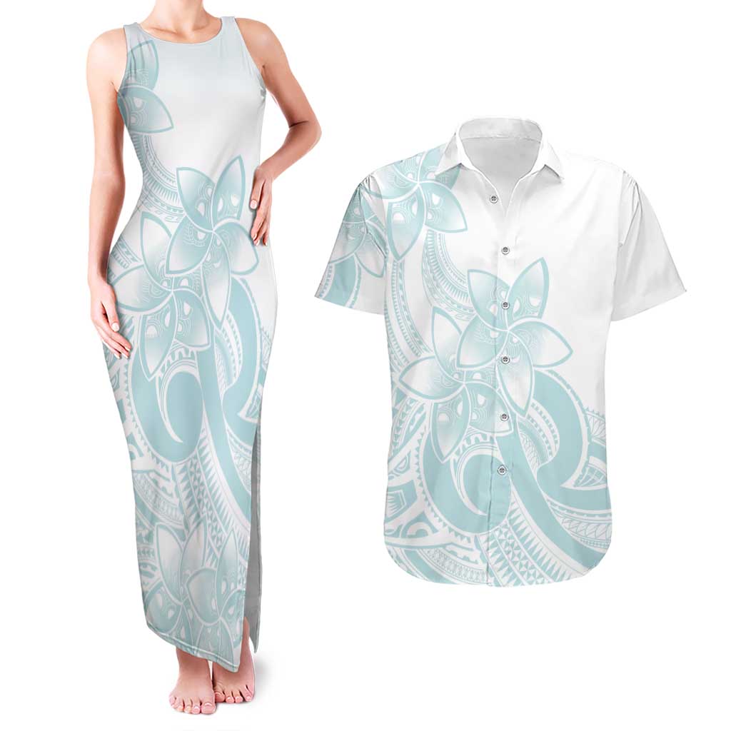 Polynesian Tribal Plumeria Lotu Tamaiti Couples Matching Tank Maxi Dress and Hawaiian Shirt Pastel Cyan LT9 Cyan - Polynesian Pride