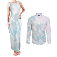 Polynesian Tribal Plumeria Lotu Tamaiti Couples Matching Tank Maxi Dress and Long Sleeve Button Shirt Pastel Cyan LT9 Cyan - Polynesian Pride