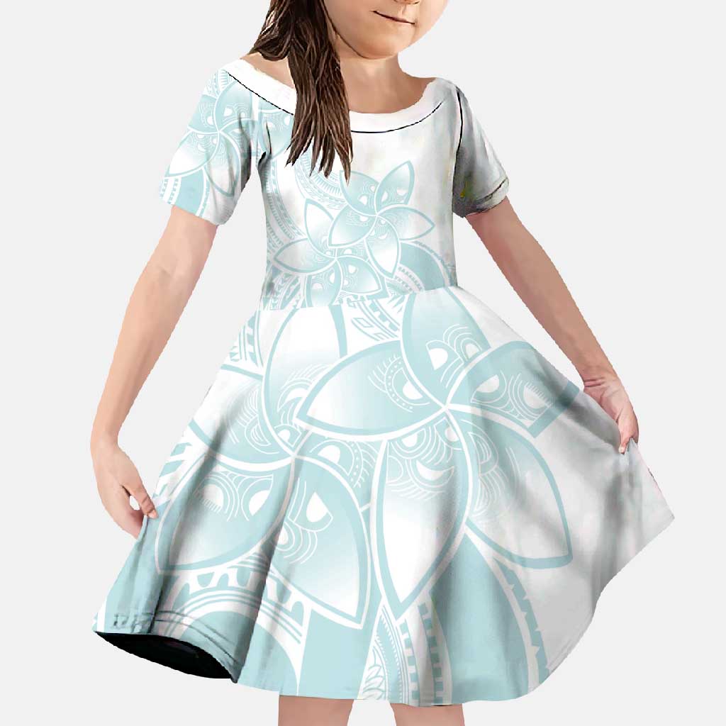 Polynesian Tribal Plumeria Lotu Tamaiti Family Matching Long Sleeve Bodycon Dress and Hawaiian Shirt Pastel Cyan LT9 Daughter's Dress Cyan - Polynesian Pride