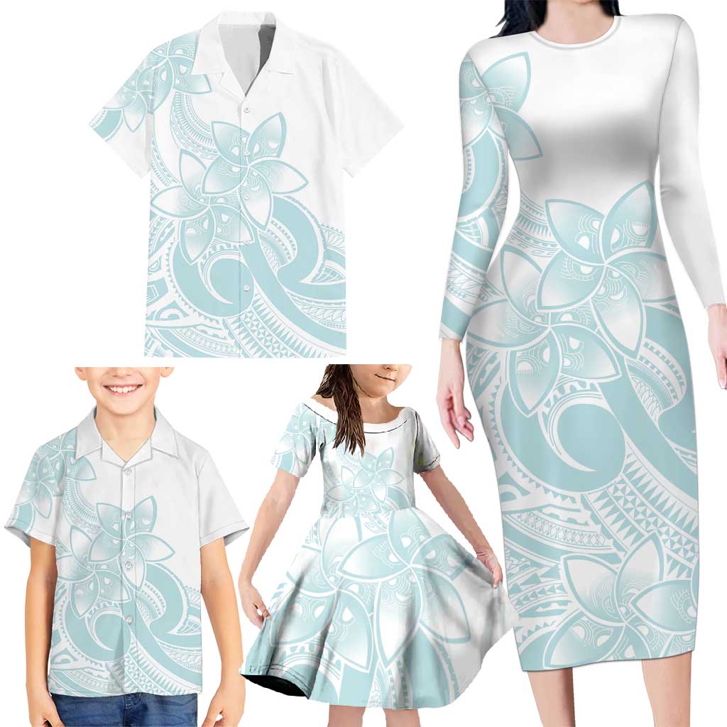 Polynesian Tribal Plumeria Lotu Tamaiti Family Matching Long Sleeve Bodycon Dress and Hawaiian Shirt Pastel Cyan LT9 - Polynesian Pride