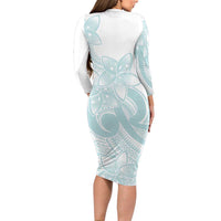 Polynesian Tribal Plumeria Lotu Tamaiti Family Matching Long Sleeve Bodycon Dress and Hawaiian Shirt Pastel Cyan LT9 - Polynesian Pride