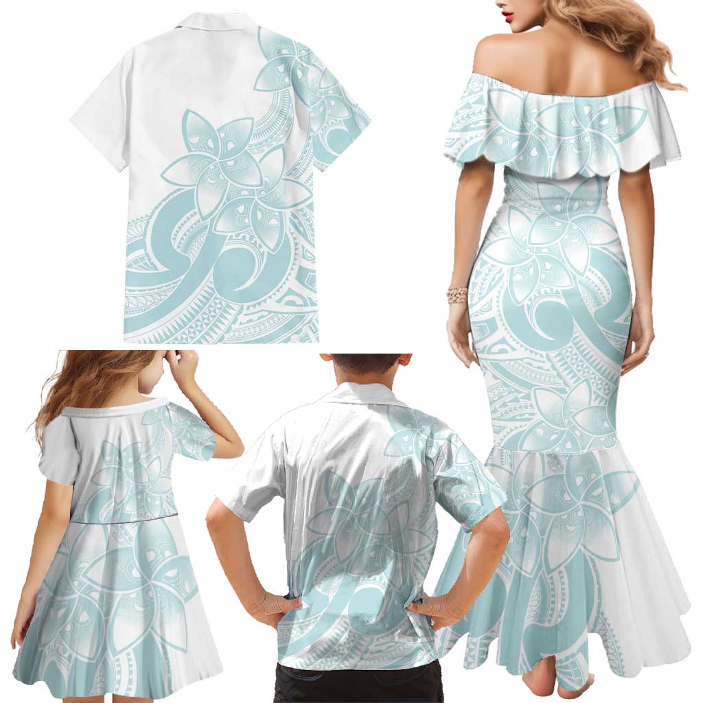 Polynesian Tribal Plumeria Lotu Tamaiti Family Matching Mermaid Dress and Hawaiian Shirt Pastel Cyan LT9 - Polynesian Pride