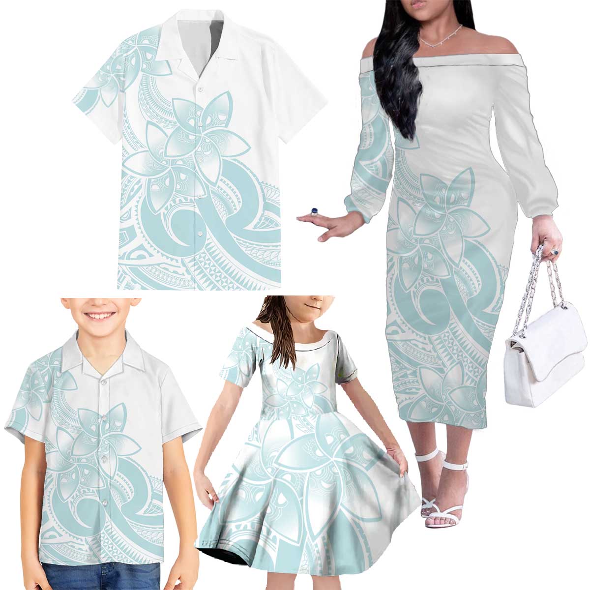 Polynesian Tribal Plumeria Lotu Tamaiti Family Matching Off The Shoulder Long Sleeve Dress and Hawaiian Shirt Pastel Cyan LT9 - Polynesian Pride