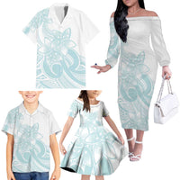 Polynesian Tribal Plumeria Lotu Tamaiti Family Matching Off The Shoulder Long Sleeve Dress and Hawaiian Shirt Pastel Cyan LT9 - Polynesian Pride
