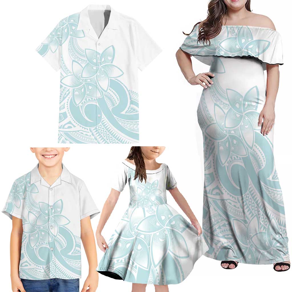 Polynesian Tribal Plumeria Lotu Tamaiti Family Matching Off Shoulder Maxi Dress and Hawaiian Shirt Pastel Cyan LT9 - Polynesian Pride