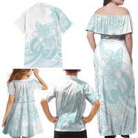 Polynesian Tribal Plumeria Lotu Tamaiti Family Matching Off Shoulder Maxi Dress and Hawaiian Shirt Pastel Cyan LT9 - Polynesian Pride