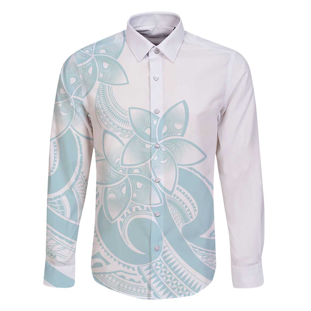 Polynesian Tribal Plumeria Lotu Tamaiti Family Matching Off Shoulder Maxi Dress and Hawaiian Shirt Pastel Cyan LT9 Dad's Shirt - Long Sleeve Cyan - Polynesian Pride