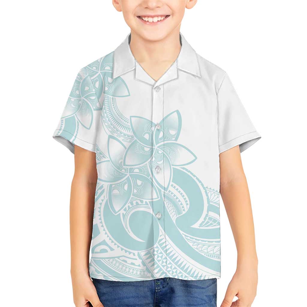 Polynesian Tribal Plumeria Lotu Tamaiti Family Matching Off Shoulder Short Dress and Hawaiian Shirt Pastel Cyan LT9 Son's Shirt Cyan - Polynesian Pride