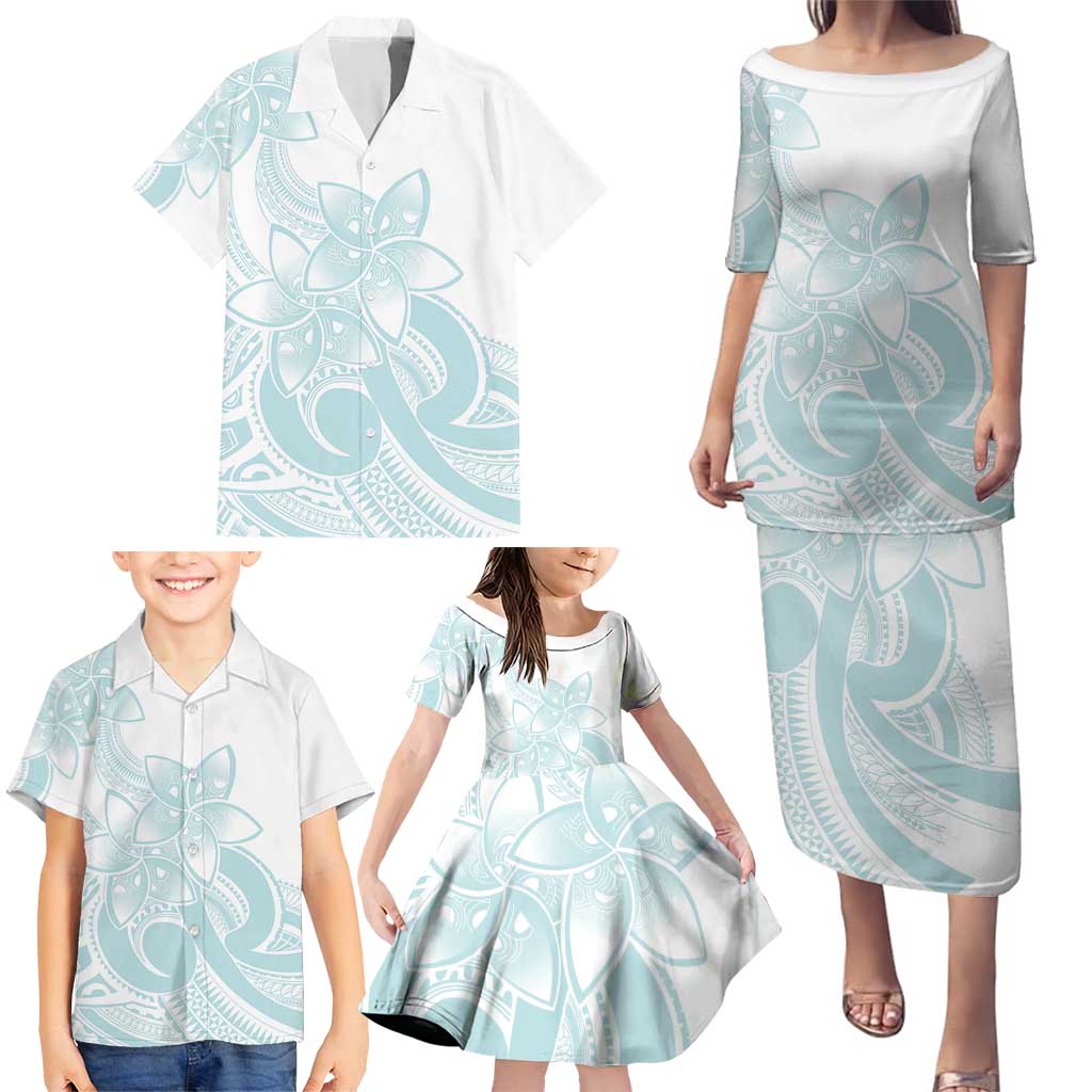 Polynesian Tribal Plumeria Lotu Tamaiti Family Matching Puletasi and Hawaiian Shirt Pastel Cyan LT9 - Polynesian Pride