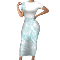 Polynesian Tribal Plumeria Lotu Tamaiti Family Matching Short Sleeve Bodycon Dress and Hawaiian Shirt Pastel Cyan LT9 Mom's Dress Cyan - Polynesian Pride