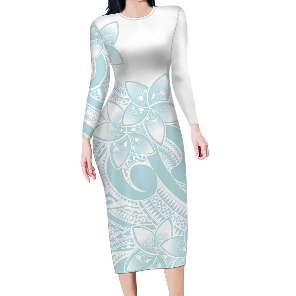 Polynesian Tribal Plumeria Lotu Tamaiti Long Sleeve Bodycon Dress Pastel Cyan LT9 Long Dress Cyan - Polynesian Pride