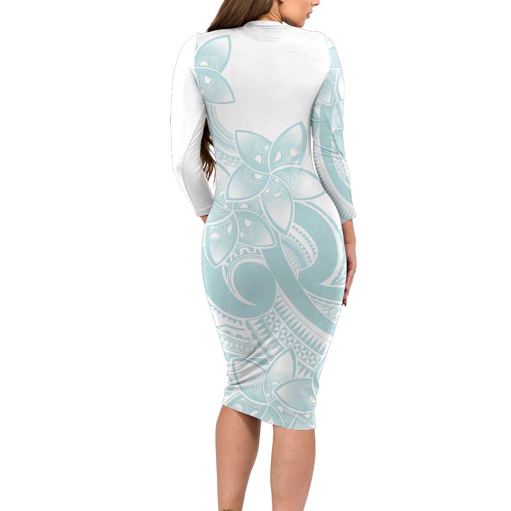 Polynesian Tribal Plumeria Lotu Tamaiti Long Sleeve Bodycon Dress Pastel Cyan LT9 - Polynesian Pride