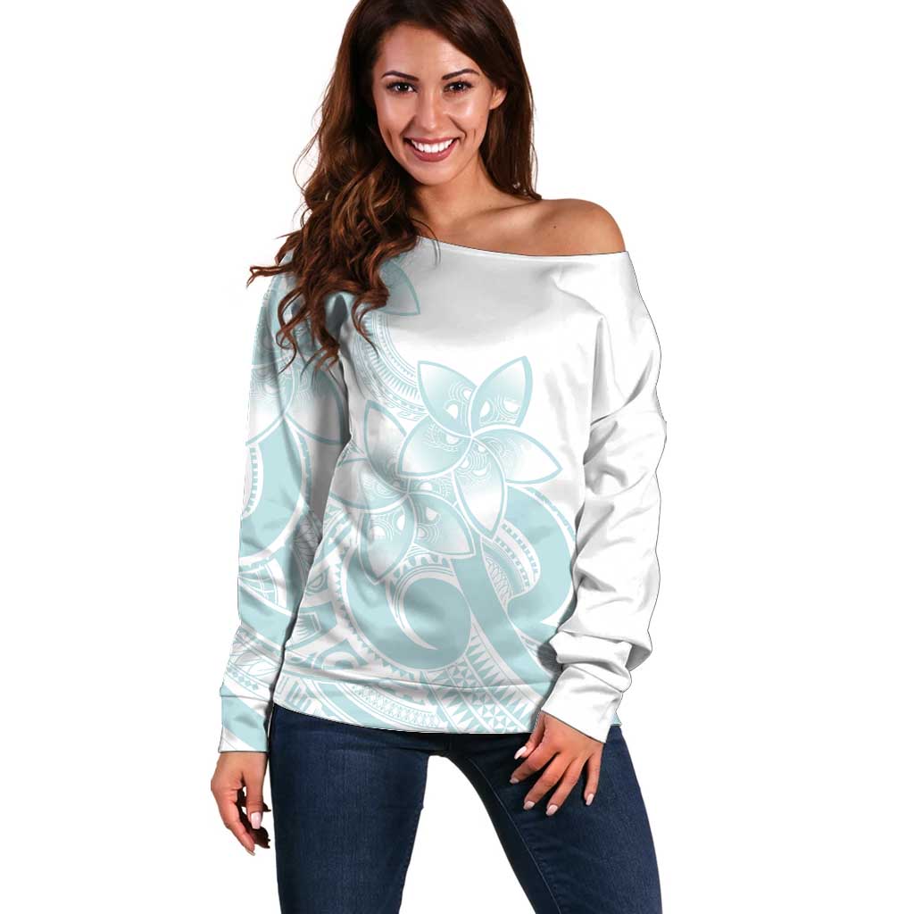 Polynesian Tribal Plumeria Lotu Tamaiti Off Shoulder Sweater Pastel Cyan LT9 Women Cyan - Polynesian Pride