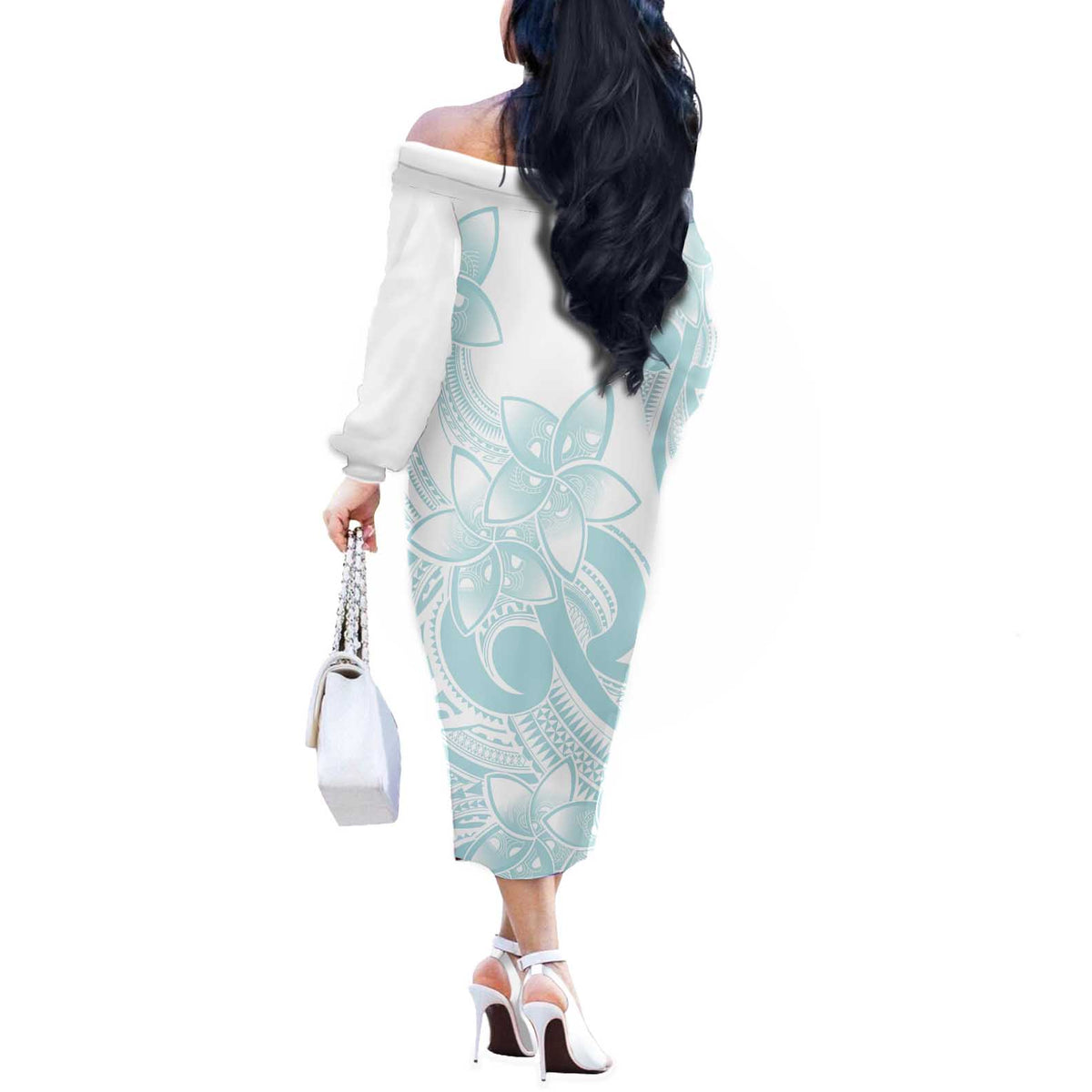 Polynesian Tribal Plumeria Lotu Tamaiti Off The Shoulder Long Sleeve Dress Pastel Cyan LT9 - Polynesian Pride