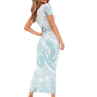 Polynesian Tribal Plumeria Lotu Tamaiti Short Sleeve Bodycon Dress Pastel Cyan LT9 - Polynesian Pride