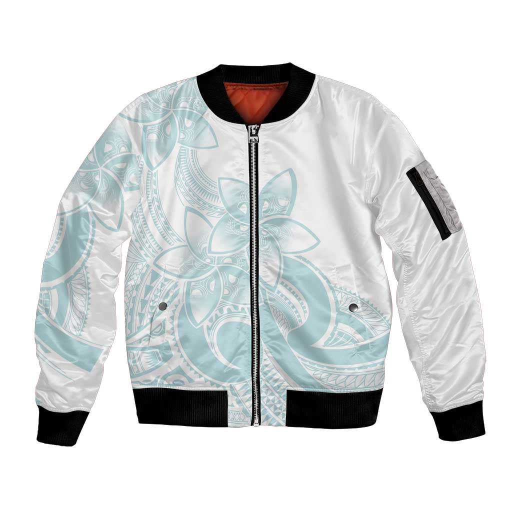 Polynesian Tribal Plumeria Lotu Tamaiti Sleeve Zip Bomber Jacket Pastel Cyan LT9 Unisex Cyan - Polynesian Pride