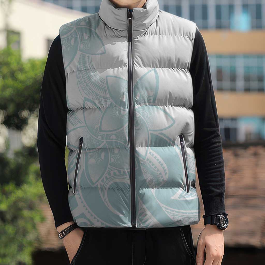 Polynesian Tribal Plumeria Lotu Tamaiti Sleeveless Puffer Jacket Pastel Cyan - Polynesian Pride