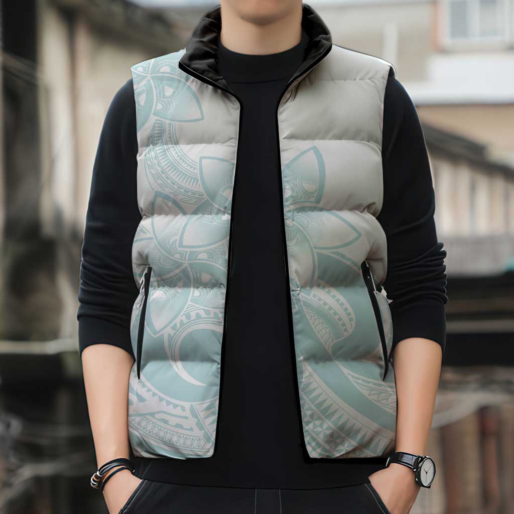 Polynesian Tribal Plumeria Lotu Tamaiti Sleeveless Puffer Jacket Pastel Cyan - Polynesian Pride