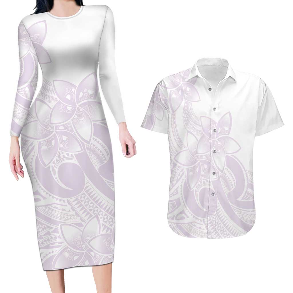 Polynesian Tribal Plumeria Lotu Tamaiti Couples Matching Long Sleeve Bodycon Dress and Hawaiian Shirt Pastel Mauve - Polynesian Pride