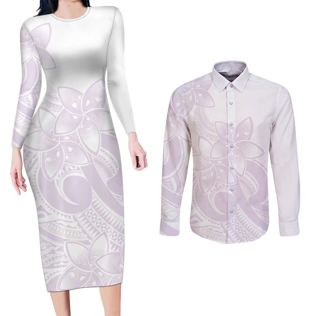 Polynesian Tribal Plumeria Lotu Tamaiti Couples Matching Long Sleeve Bodycon Dress and Long Sleeve Button Shirt Pastel Mauve - Polynesian Pride