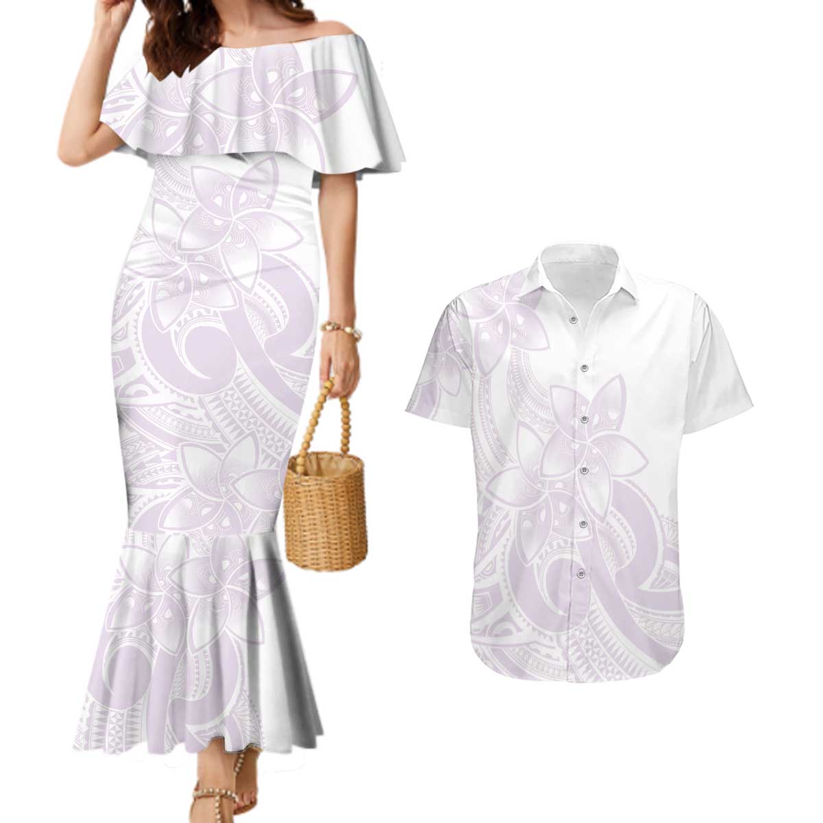 Polynesian Tribal Plumeria Lotu Tamaiti Couples Matching Mermaid Dress and Hawaiian Shirt Pastel Mauve LT9 Mauve - Polynesian Pride