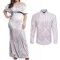 Polynesian Tribal Plumeria Lotu Tamaiti Couples Matching Off Shoulder Maxi Dress and Long Sleeve Button Shirt Pastel Mauve LT9 Mauve - Polynesian Pride