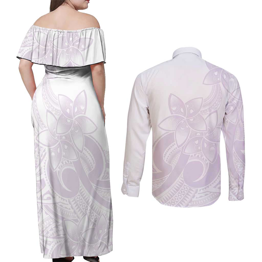 Polynesian Tribal Plumeria Lotu Tamaiti Couples Matching Off Shoulder Maxi Dress and Long Sleeve Button Shirt Pastel Mauve LT9 - Polynesian Pride