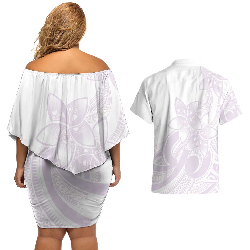 Polynesian Tribal Plumeria Lotu Tamaiti Couples Matching Off Shoulder Short Dress and Hawaiian Shirt Pastel Mauve LT9 - Polynesian Pride