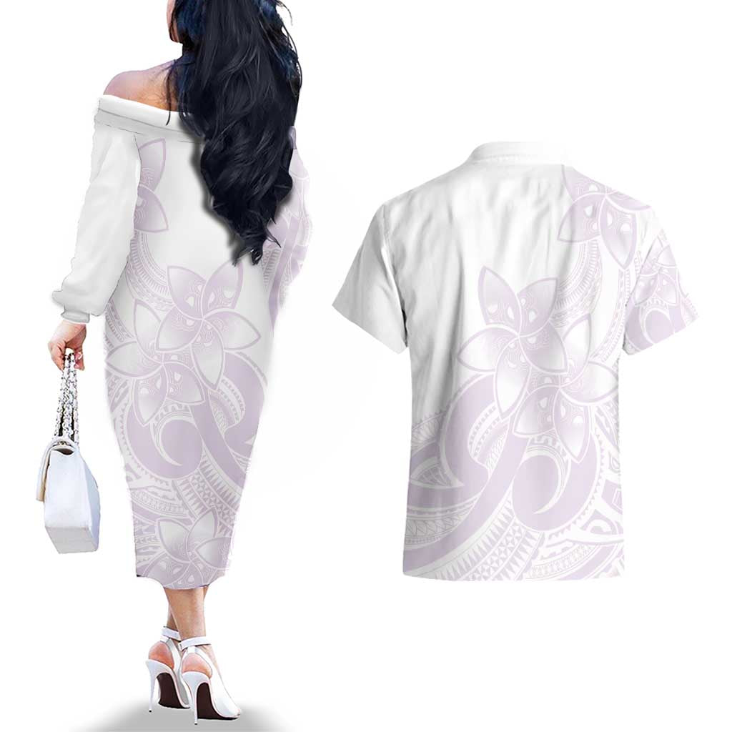 Polynesian Tribal Plumeria Lotu Tamaiti Couples Matching Off The Shoulder Long Sleeve Dress and Hawaiian Shirt Pastel Mauve LT9 - Polynesian Pride