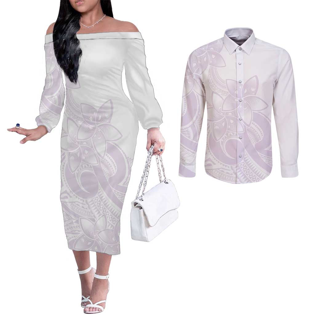 Polynesian Tribal Plumeria Lotu Tamaiti Couples Matching Off The Shoulder Long Sleeve Dress and Long Sleeve Button Shirt Pastel Mauve LT9 Mauve - Polynesian Pride