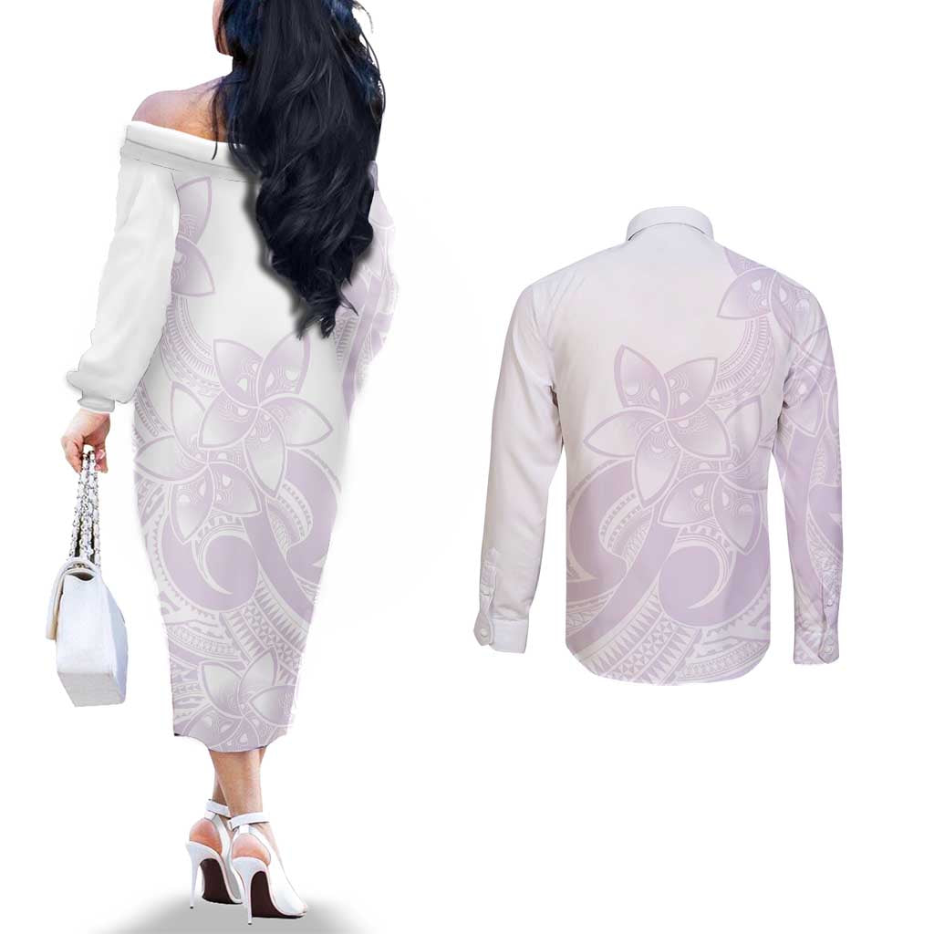 Polynesian Tribal Plumeria Lotu Tamaiti Couples Matching Off The Shoulder Long Sleeve Dress and Long Sleeve Button Shirt Pastel Mauve LT9 - Polynesian Pride
