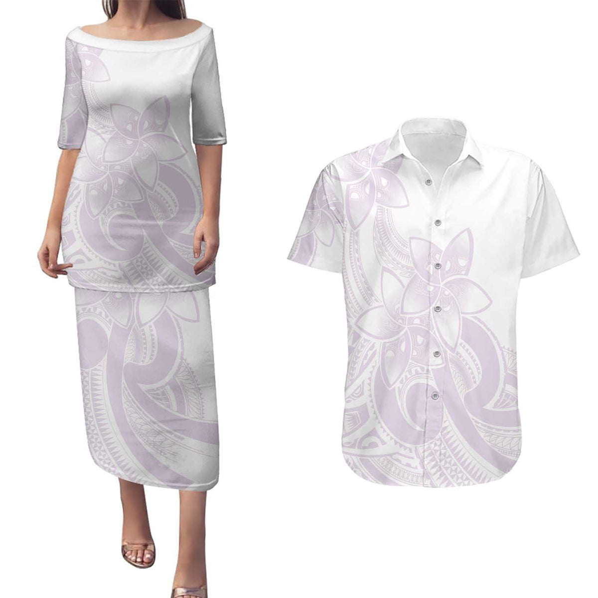 Polynesian Tribal Plumeria Lotu Tamaiti Couples Matching Puletasi and Hawaiian Shirt Pastel Mauve LT9 Mauve - Polynesian Pride