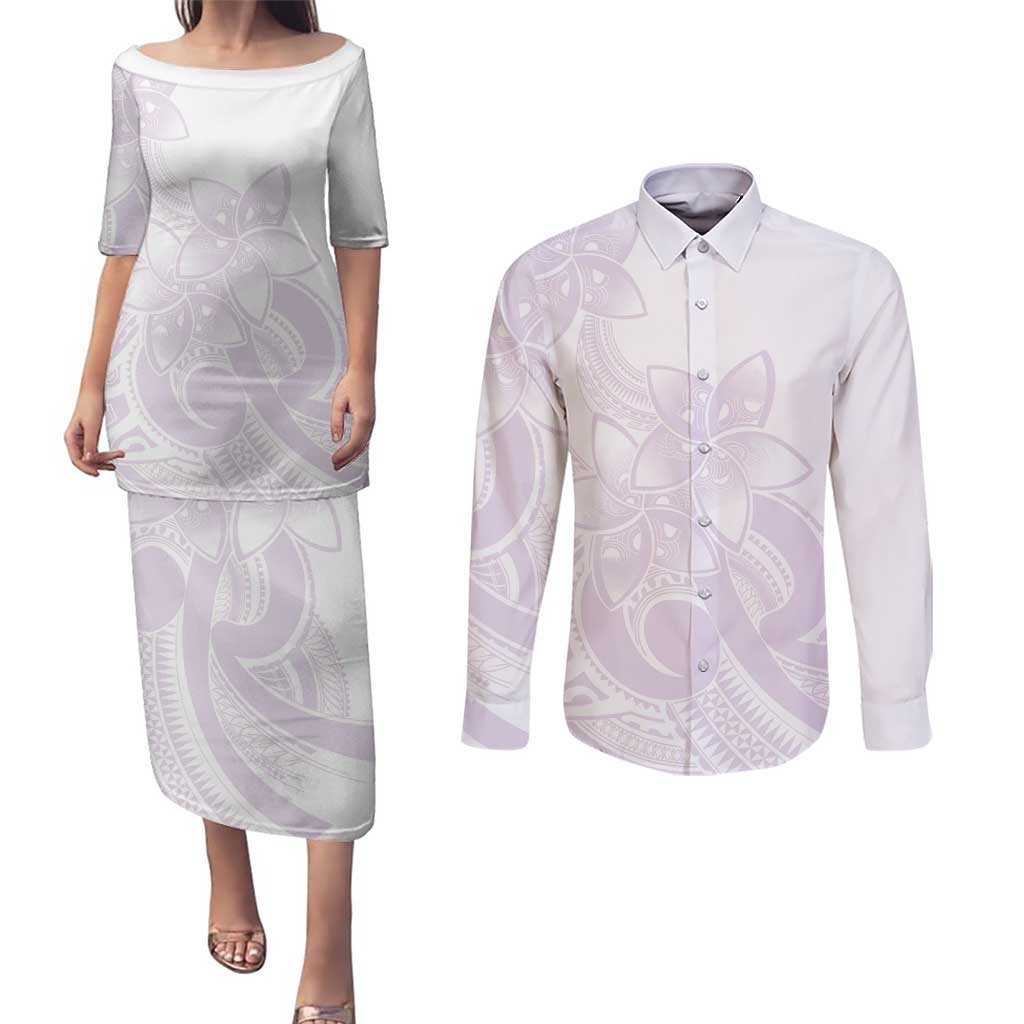 Polynesian Tribal Plumeria Lotu Tamaiti Couples Matching Puletasi and Long Sleeve Button Shirt Pastel Mauve LT9 Mauve - Polynesian Pride