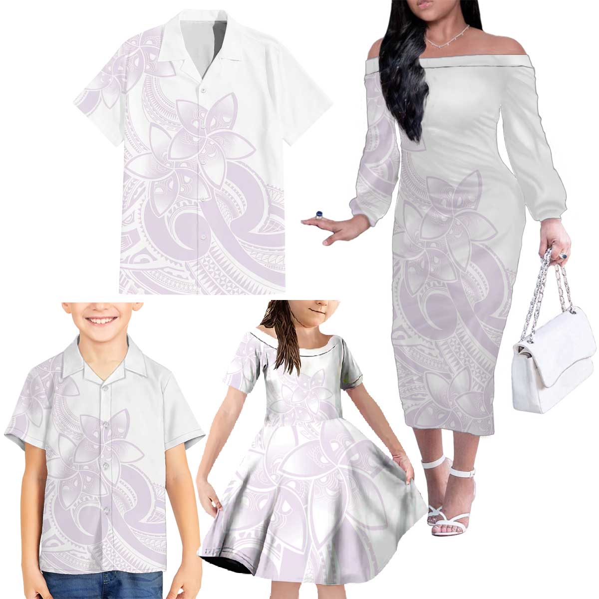 Polynesian Tribal Plumeria Lotu Tamaiti Family Matching Off The Shoulder Long Sleeve Dress and Hawaiian Shirt Pastel Mauve LT9 - Polynesian Pride