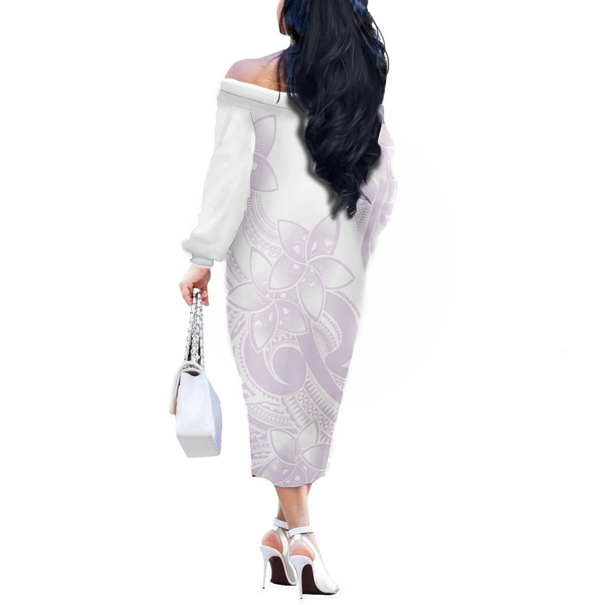 Polynesian Tribal Plumeria Lotu Tamaiti Off The Shoulder Long Sleeve Dress Pastel Mauve LT9 - Polynesian Pride