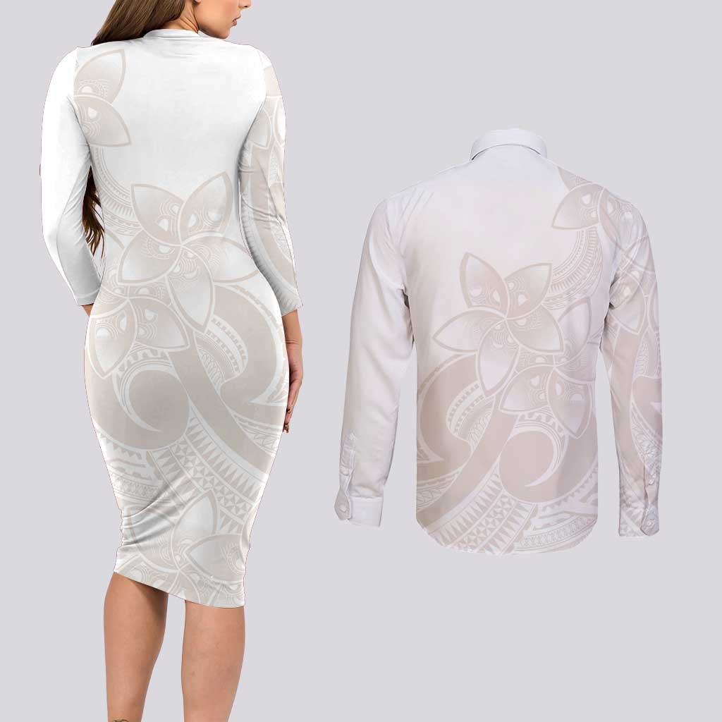 Polynesian Tribal Plumeria Lotu Tamaiti Couples Matching Long Sleeve Bodycon Dress and Long Sleeve Button Shirt Pastel Nude LT9 - Polynesian Pride