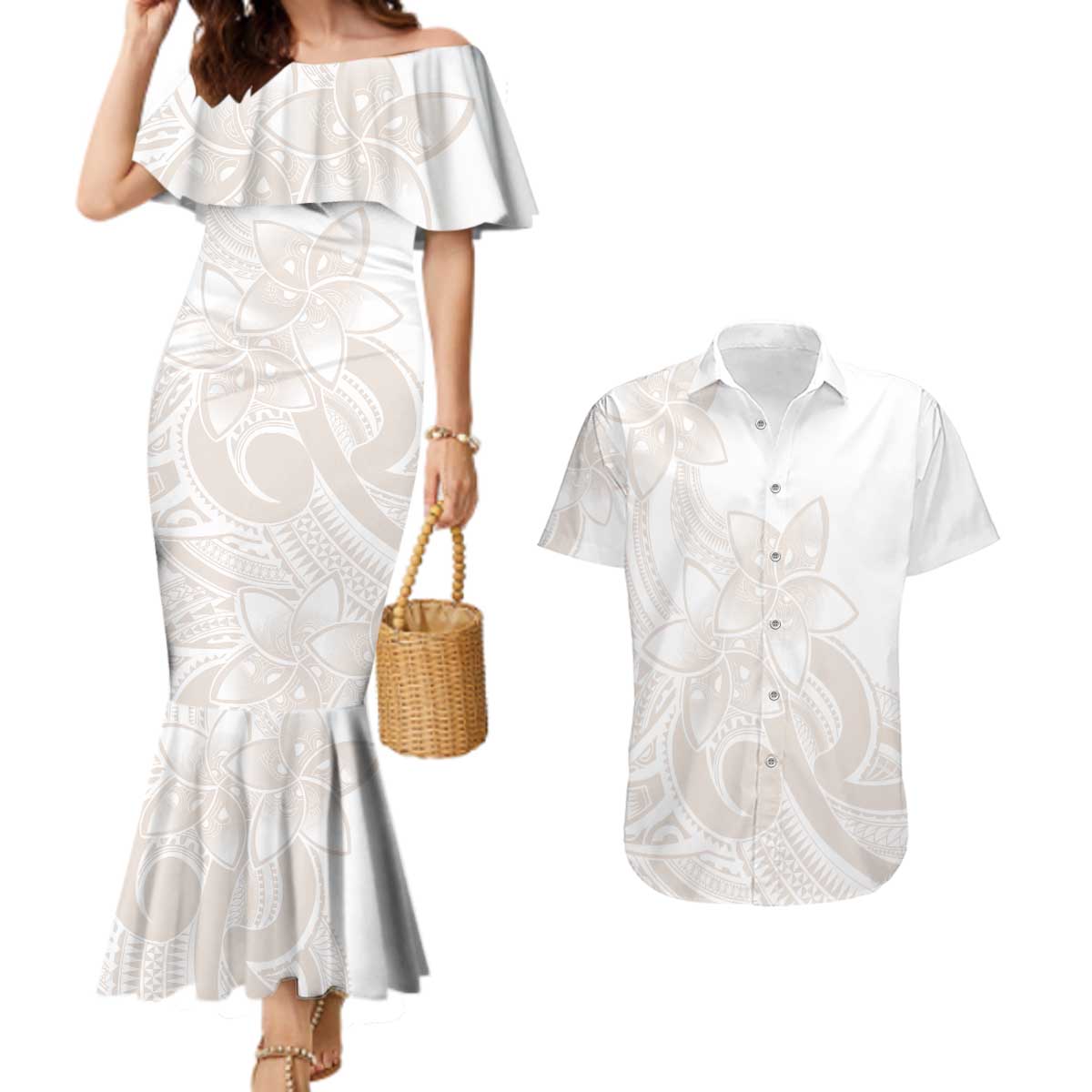 Polynesian Tribal Plumeria Lotu Tamaiti Couples Matching Mermaid Dress and Hawaiian Shirt Pastel Nude - Polynesian Pride