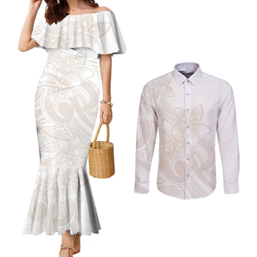 Polynesian Tribal Plumeria Lotu Tamaiti Couples Matching Mermaid Dress and Long Sleeve Button Shirt Pastel Nude - Polynesian Pride