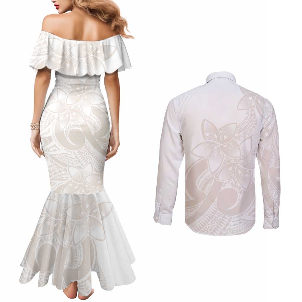 Polynesian Tribal Plumeria Lotu Tamaiti Couples Matching Mermaid Dress and Long Sleeve Button Shirt Pastel Nude LT9 - Polynesian Pride