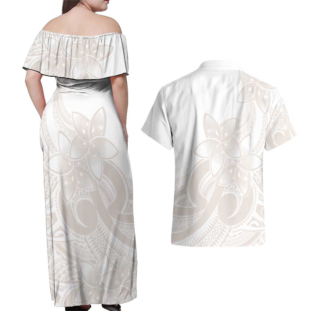 Polynesian Tribal Plumeria Lotu Tamaiti Couples Matching Off Shoulder Maxi Dress and Hawaiian Shirt Pastel Nude LT9 - Polynesian Pride