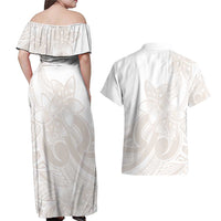 Polynesian Tribal Plumeria Lotu Tamaiti Couples Matching Off Shoulder Maxi Dress and Hawaiian Shirt Pastel Nude LT9 - Polynesian Pride