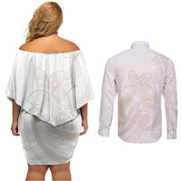 Polynesian Tribal Plumeria Lotu Tamaiti Couples Matching Off Shoulder Short Dress and Long Sleeve Button Shirt Pastel Nude LT9 - Polynesian Pride