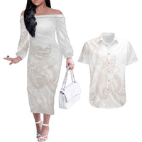 Polynesian Tribal Plumeria Lotu Tamaiti Couples Matching Off The Shoulder Long Sleeve Dress and Hawaiian Shirt Pastel Nude LT9 Nude - Polynesian Pride