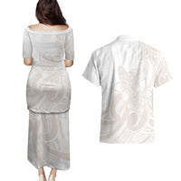 Polynesian Tribal Plumeria Lotu Tamaiti Couples Matching Puletasi and Hawaiian Shirt Pastel Nude LT9 - Polynesian Pride