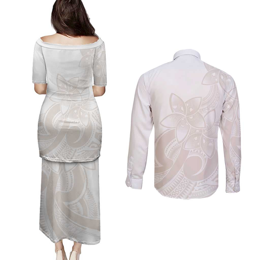 Polynesian Tribal Plumeria Lotu Tamaiti Couples Matching Puletasi and Long Sleeve Button Shirt Pastel Nude - Polynesian Pride