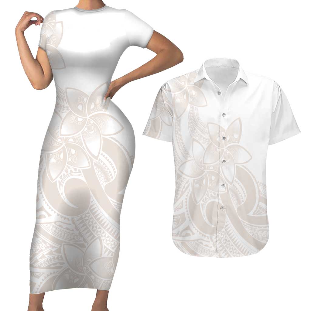 Polynesian Tribal Plumeria Lotu Tamaiti Couples Matching Short Sleeve Bodycon Dress and Hawaiian Shirt Pastel Nude LT9 Nude - Polynesian Pride