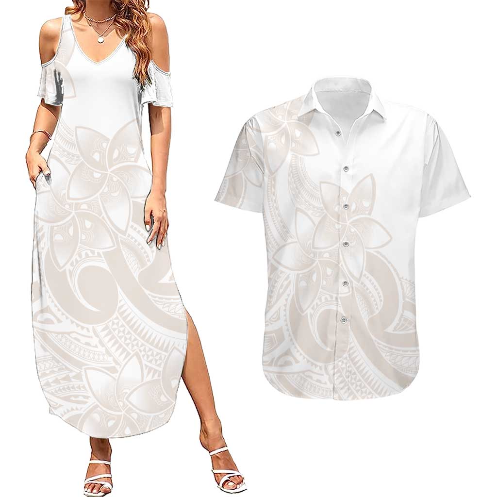 Polynesian Tribal Plumeria Lotu Tamaiti Couples Matching Summer Maxi Dress and Hawaiian Shirt Pastel Nude LT9 Nude - Polynesian Pride