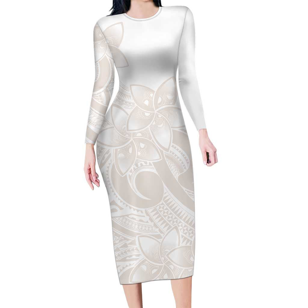Polynesian Tribal Plumeria Lotu Tamaiti Family Matching Long Sleeve Bodycon Dress and Hawaiian Shirt Pastel Nude LT9 Mom's Dress Nude - Polynesian Pride