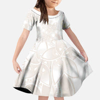 Polynesian Tribal Plumeria Lotu Tamaiti Family Matching Off The Shoulder Long Sleeve Dress and Hawaiian Shirt Pastel Nude LT9 Daughter's Dress Nude - Polynesian Pride