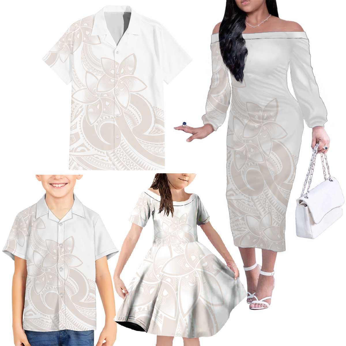 Polynesian Tribal Plumeria Lotu Tamaiti Family Matching Off The Shoulder Long Sleeve Dress and Hawaiian Shirt Pastel Nude LT9 - Polynesian Pride